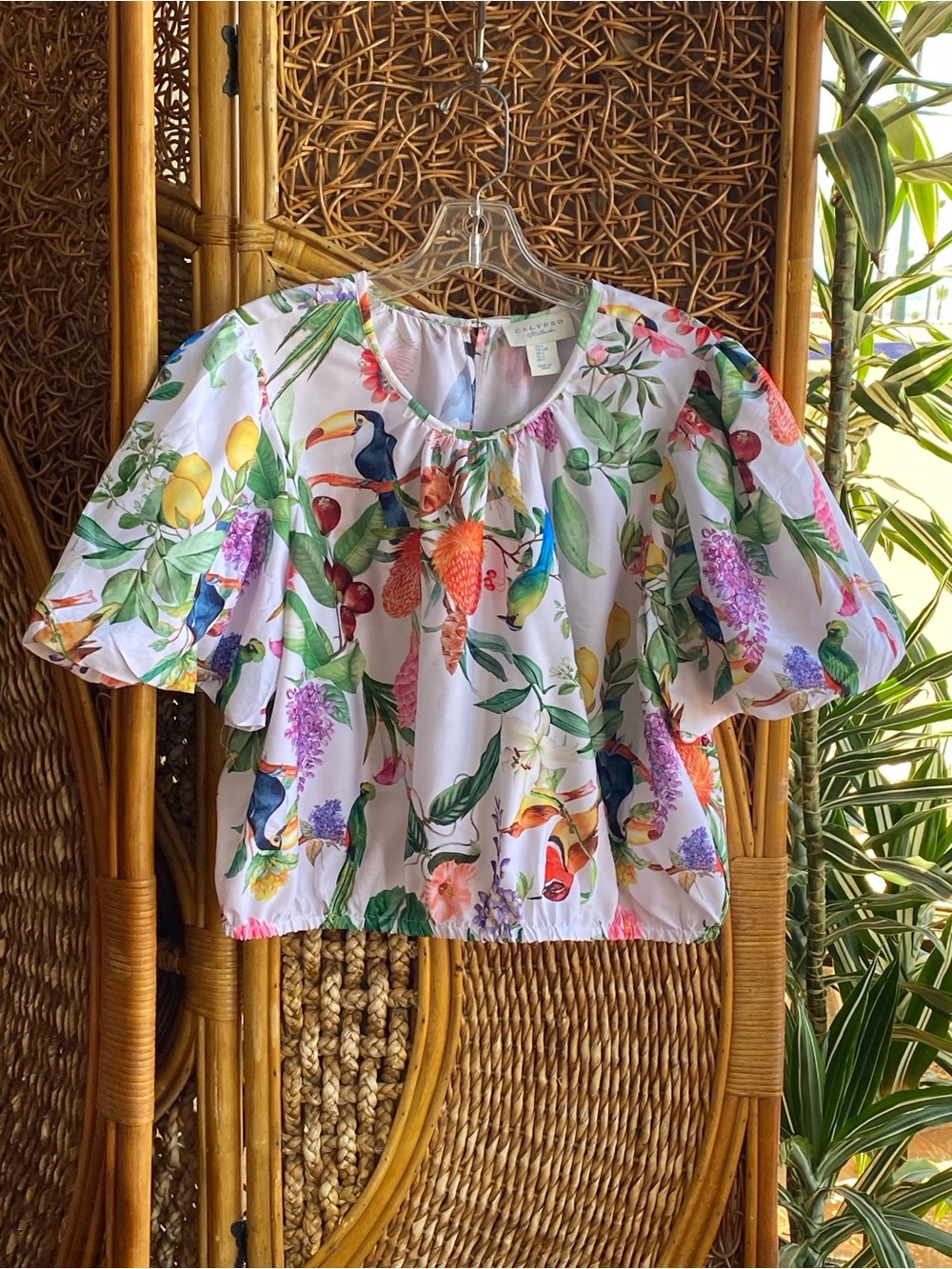 Calypso Bird Garden-Print Puff-Sleeve Blouse New